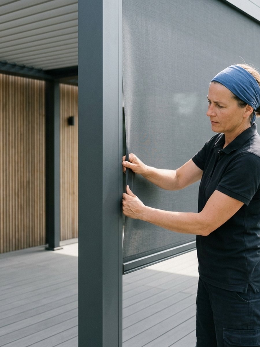 Terrasse ombragée par une pergola bioclimatique à lames orientables