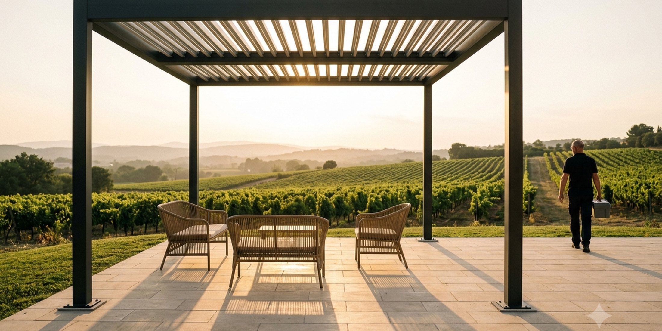 Habillage et finition d'un pied de pergola bioclimatique en aluminium