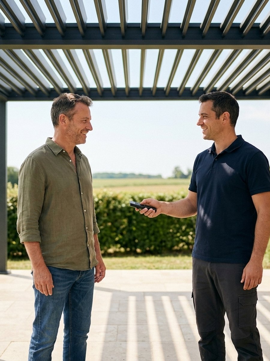 Un installateur conseille une cliente devant une pergola posee