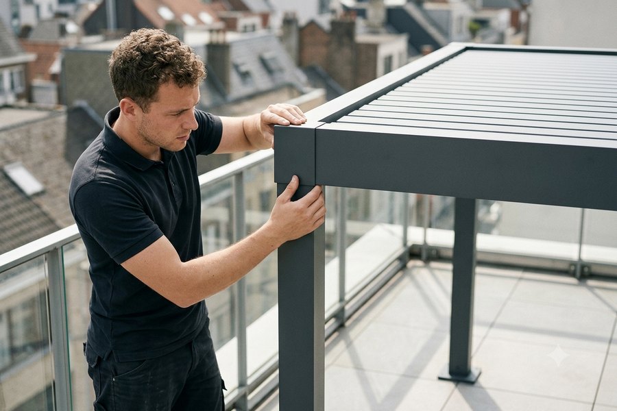 Pose d'une pergola bioclimatique en aluminium par un installateur