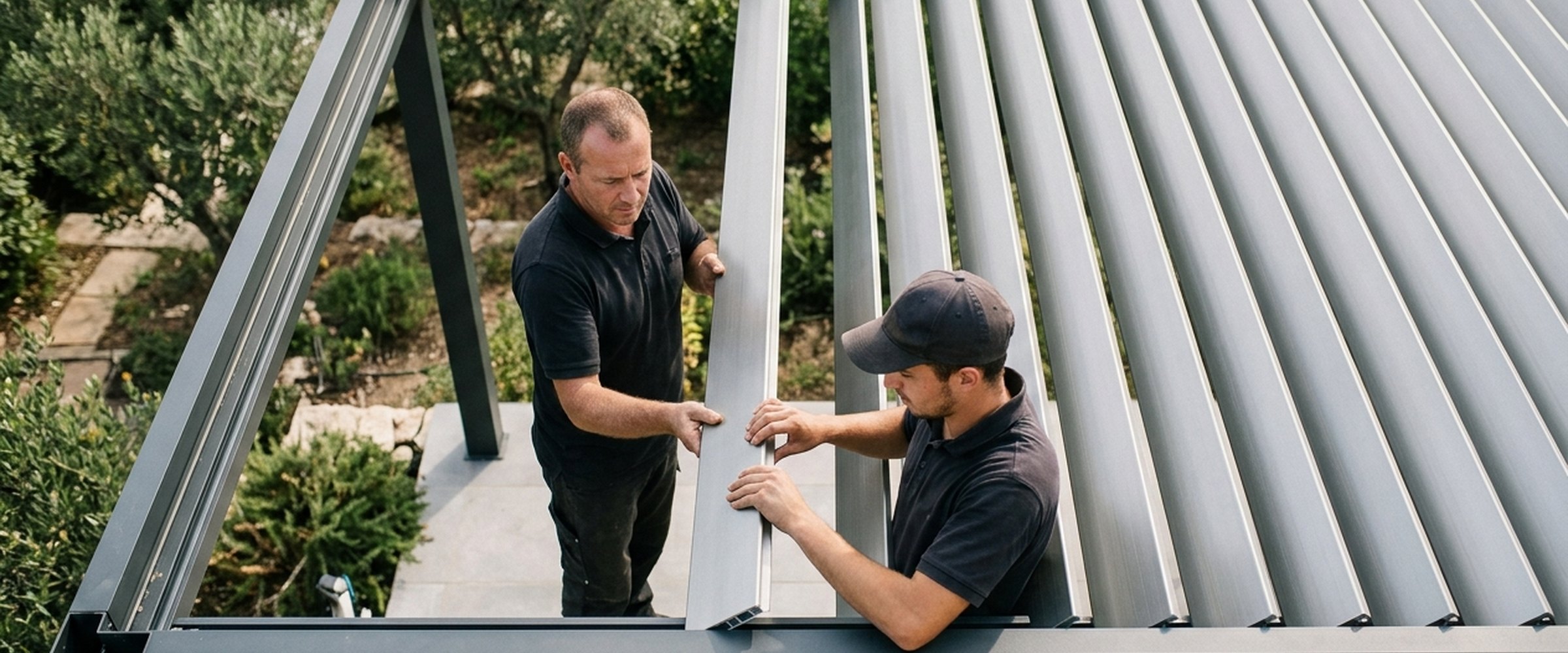 Deux installateurs posant une pergola bioclimatique en aluminium