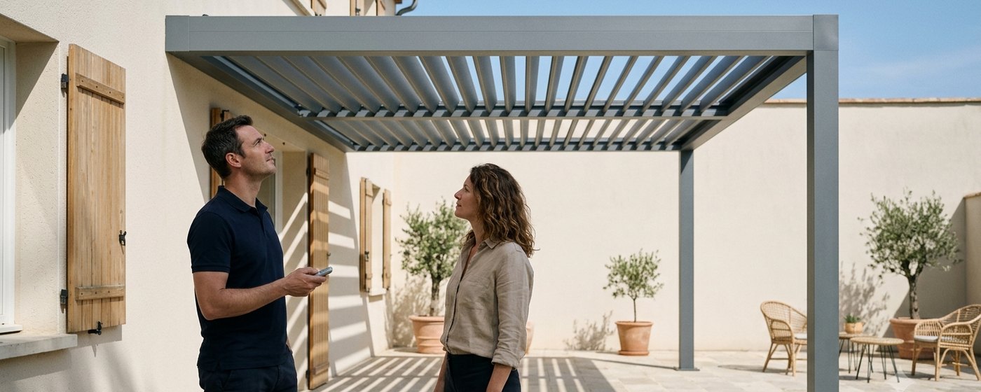Terrasse équipée d'une pergola bioclimatique à lames orientables