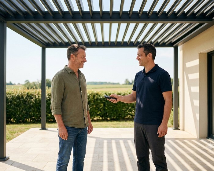 Remise de la télécommande d'une pergola bioclimatique motorisée